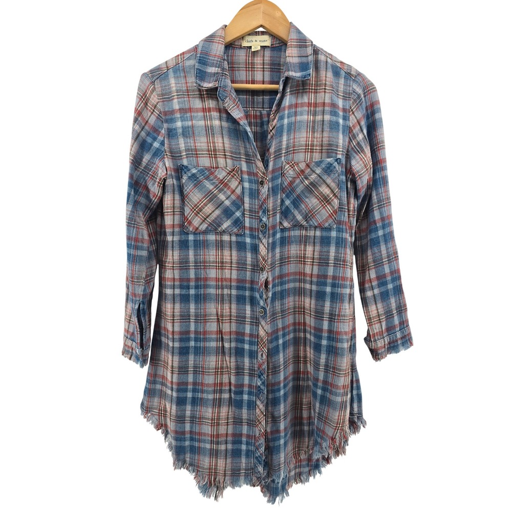 Cloth & Stone Tunic Womens PXS Plaid Blue Red Frayed Hem Button Down EUC